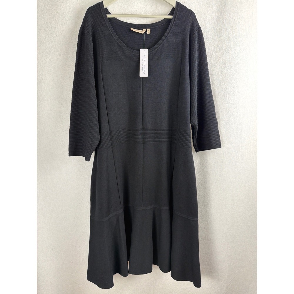Soft Surroundings Black Knit Flounce Hem Midi Dress 3X 3/4 Sleeve Scoop Neck
